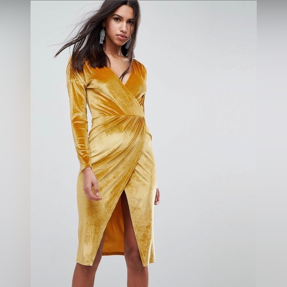 ASOS Gold Velvet Midi Wrap Dress; Size 8. NWT. - Picture 2 of 12